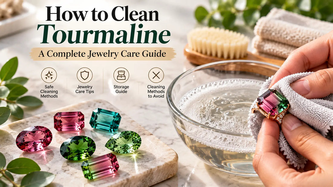 Cleaning a watermelon tourmaline ring with a soft microfiber cloth beside mild soapy water and loose tourmaline gemstones