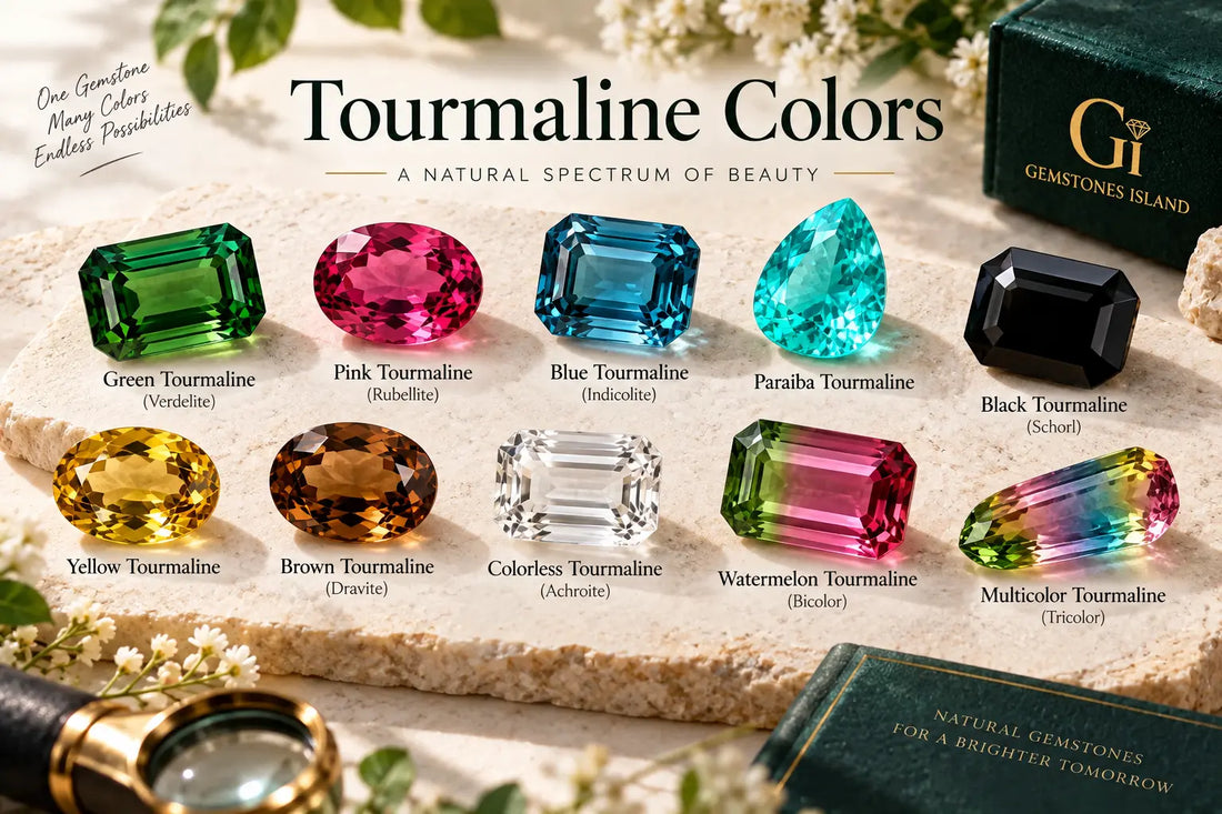 Tourmaline colors featuring green, pink, blue, Paraiba, black, yellow, brown, colorless, watermelon and multicolor tourmaline gemstones