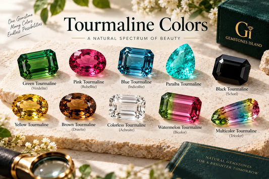 Tourmaline colors featuring green, pink, blue, Paraiba, black, yellow, brown, colorless, watermelon and multicolor tourmaline gemstones
