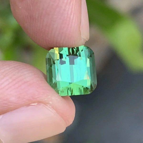 Shop a 3.50 Ct natural bluish green tourmaline from Afghanistan with a cushion cut. Untreated bicolor loose gemstone for custom jewelry.