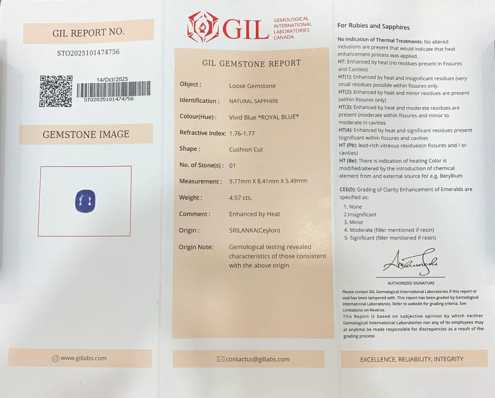 A GIL Gemstone Report card showing details for a loose gemstone, including its image, identification as 'NATURE, SAPPHIRE', color as 'VIVID BLUE - ROYAL BLUE', shape as 'Cushion Cut', and other laboratory analysis details, alongside a QR code and a photo placeholder.