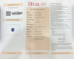 A GIL Gemstone Report card showing details for a loose gemstone, including its image, identification as 'NATURE, SAPPHIRE', color as 'VIVID BLUE - ROYAL BLUE', shape as 'Cushion Cut', and other laboratory analysis details, alongside a QR code and a photo placeholder.