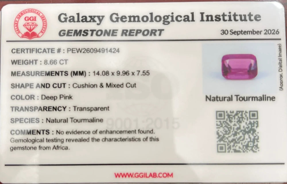 Gemstone certificate report for a pink gemstone labeled Natural Tourmaline, with measurements, weight, and a small product photo on a white card from Galaxy Gemological Institute.