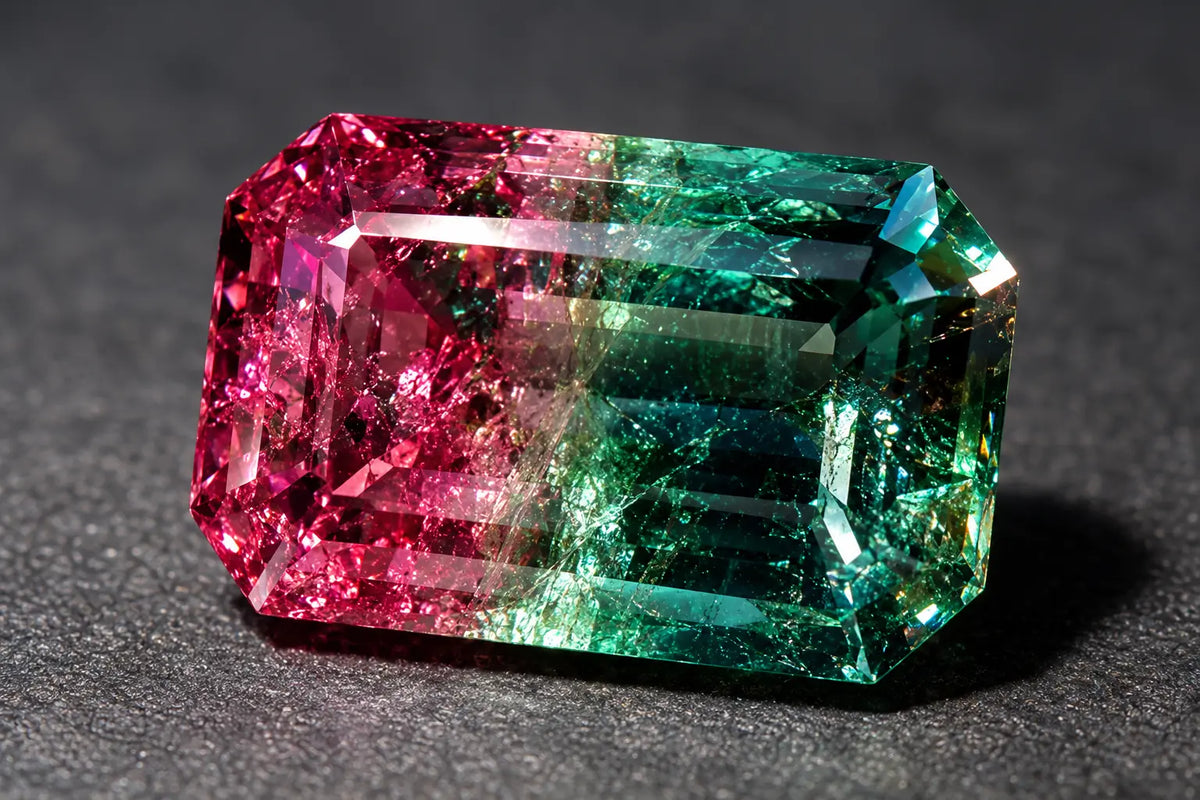 A rectangular emerald-cut gemstone with a striking pink-to-green color gradient, resting on a dark textured surface.