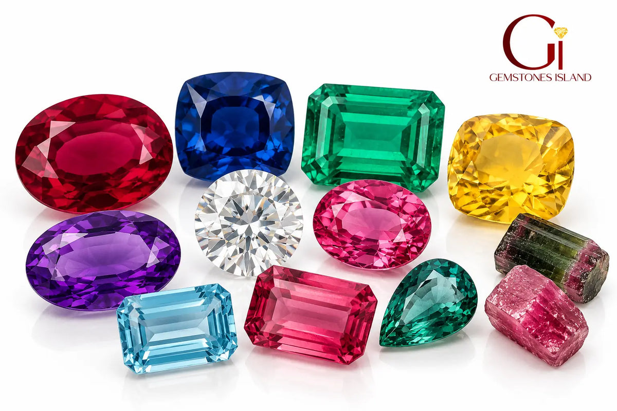 Precious gemstones including ruby, sapphire, and emerald in different cuts and colors