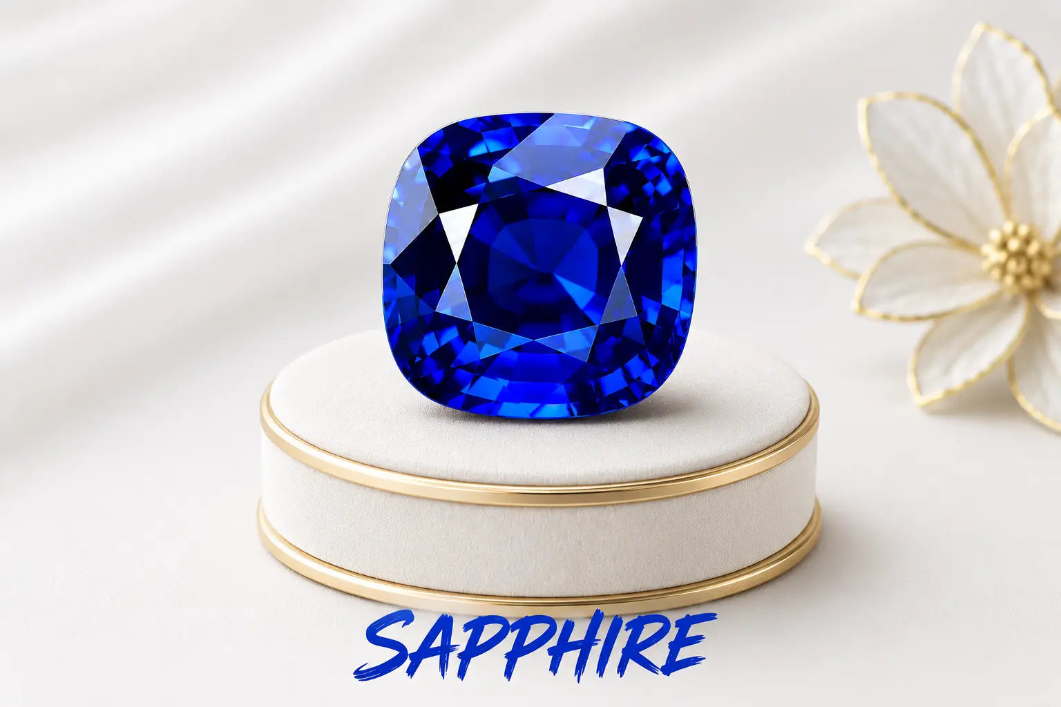 Natural blue sapphire gemstone on an elegant white and gold display, representing September's birthstone