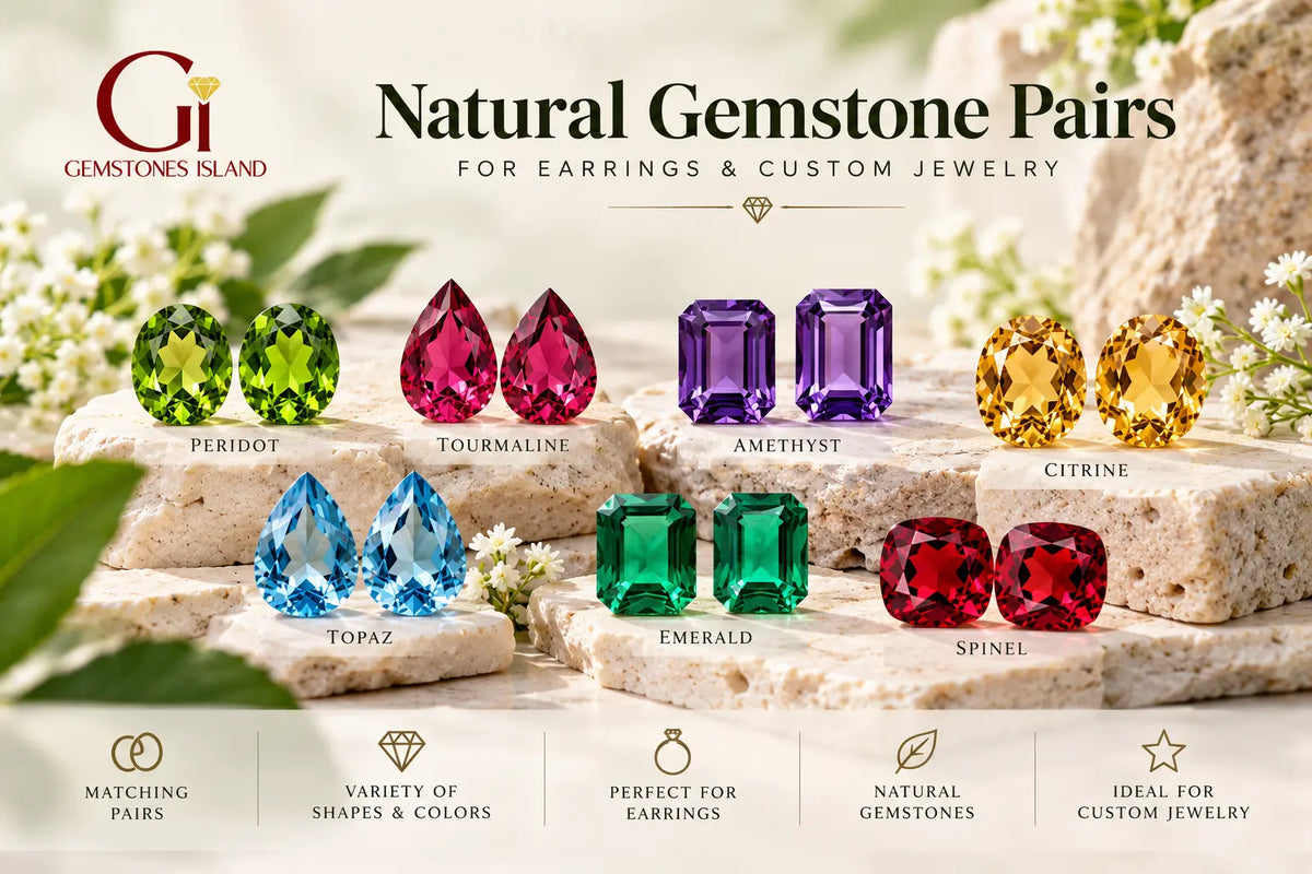 Promotional graphic for Gemstones Island showcasing pairs of natural gemstone earrings in various colors, including peridot green, tourmaline pink, amethyst purple, citrine yellow, topaz blue, emerald green, and spinel red, displayed on stone slabs with text overlays.