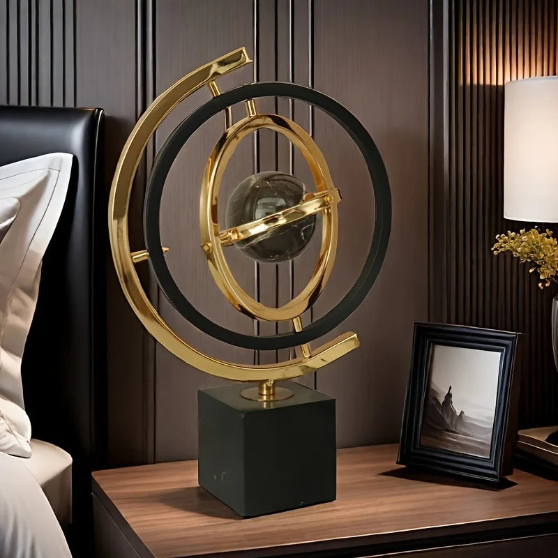 360-Degree Rotating Modern Abstract Metal Globe Sculpture with Rectangular Stand – Black & Golden Art Decor for Home or Office