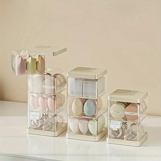 1pc Plastic Powder Puff Box with Rotating Desktop Organizer, Dustproof Makeup Egg & Air Cushion Brush Shelf, Multi-layer Finishi